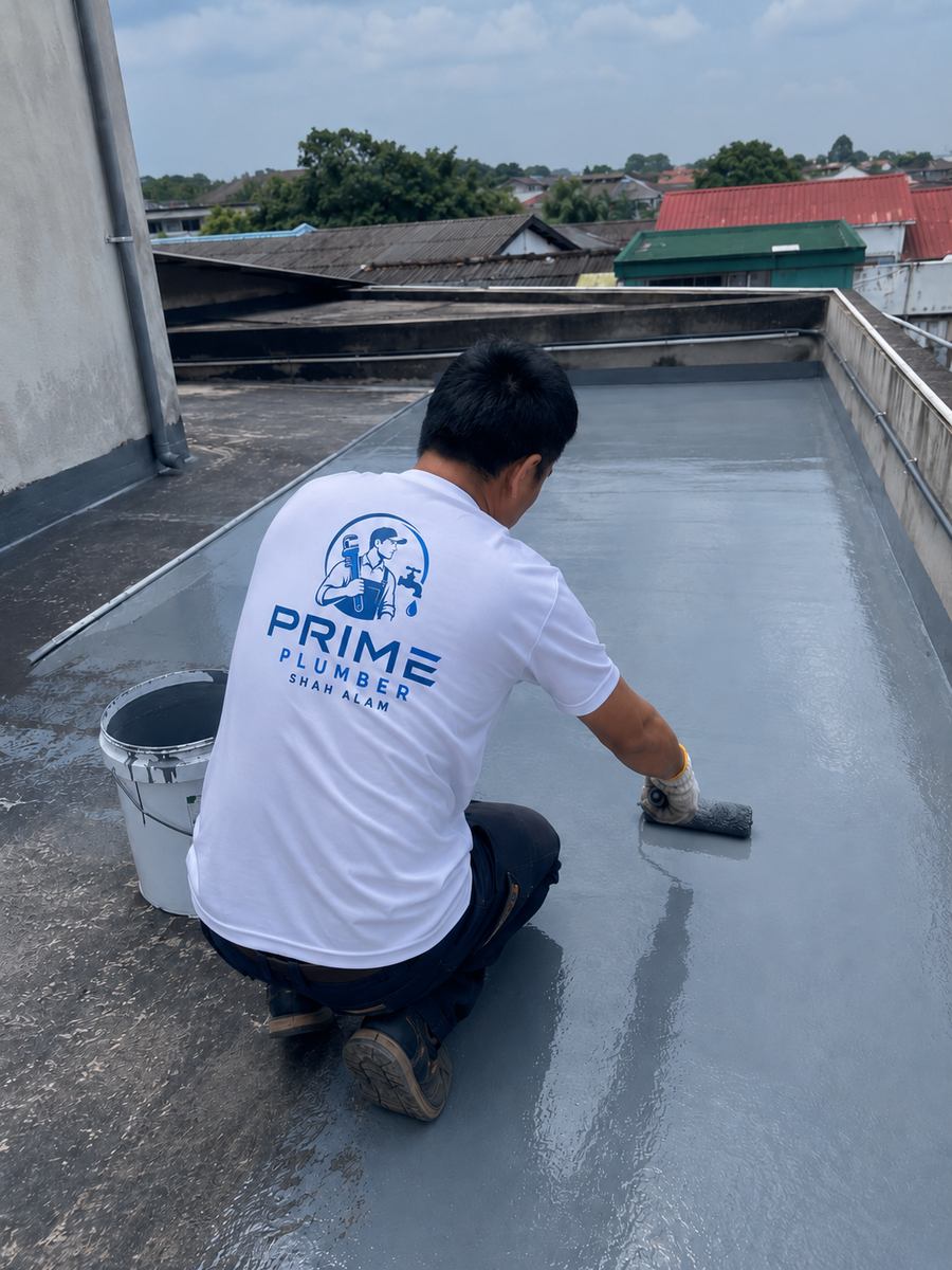 Plumber applying waterproof coating in Shah Alam