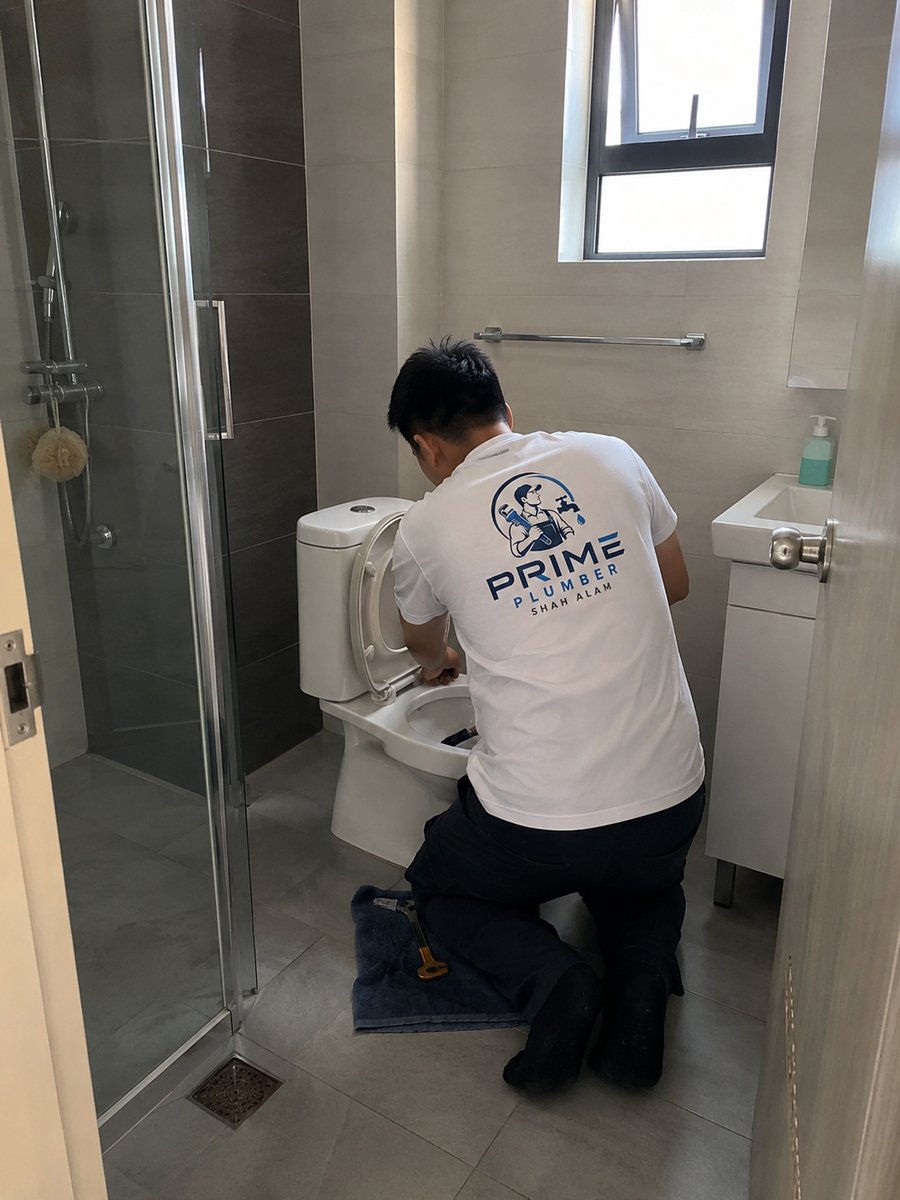 Plumber repairing a toilet in Shah Alam