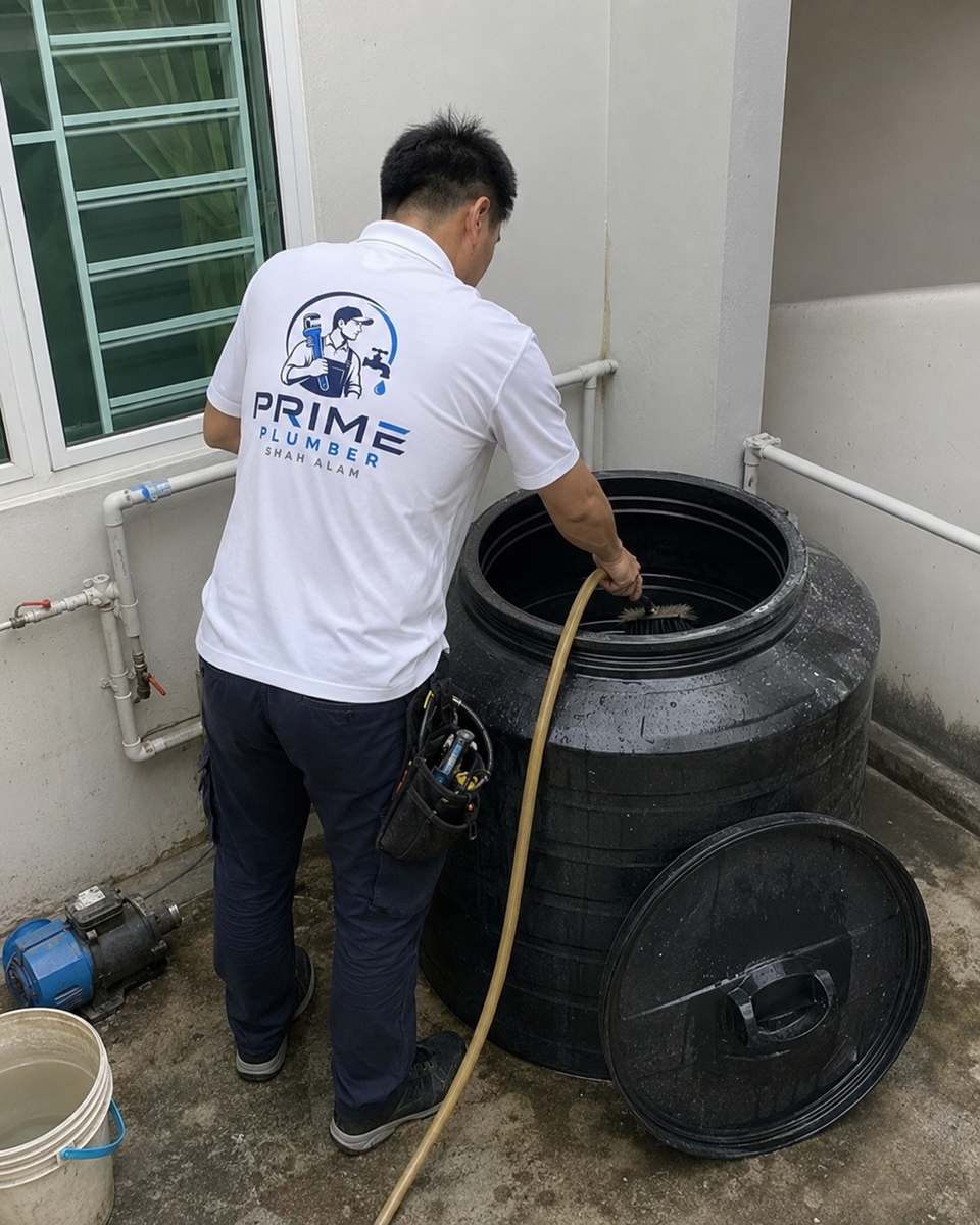 Plumber cleaning a water tank in Shah Alam